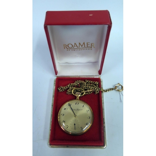 353 - A Boxed Roamer Gold Plated Pocket Watch on chain, running