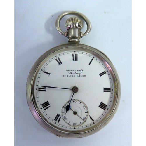 354 - A Silver Cased FRANKLAND'S 'Audrey' English Lever Keyless open Dial Pocket Watch, Birmingham 1920, r... 