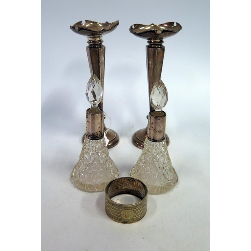 630 - A Pair of Birmingham Loaded Silver Specimen Vases 17.5cm. A/F, two silver collar cut glass scent bot... 