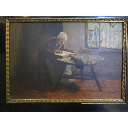 845 - W.Stopel? Signature indistinguishable, Old lady reading by a window, Oil on panel, 31 x 22cm, Framed