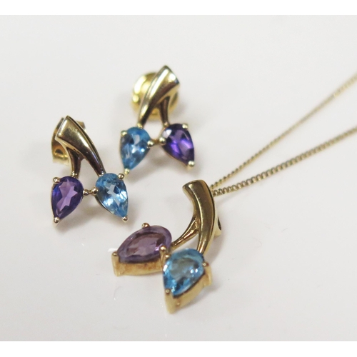 108 - A 9ct Yellow Gold, Amethyst and Blue Topaz Set Stud Earrings (13mm drop) and pendant (17.5mm drop) o... 