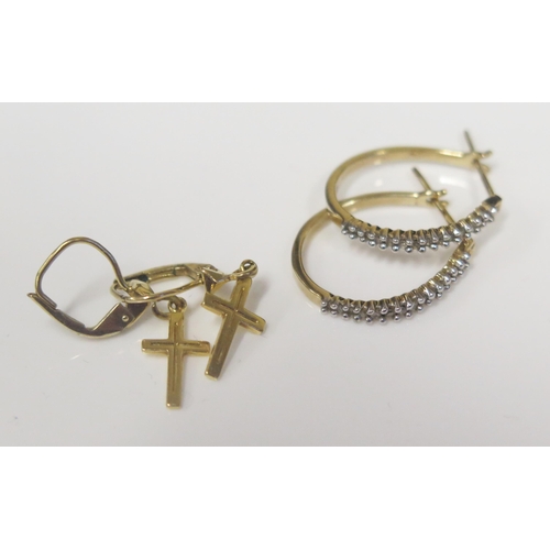 109 - A Pair of 9ct Yellow Gold and Diamond Hoop Earrings, 20mm drop, 2.1g and pair of gilt cross earrings
