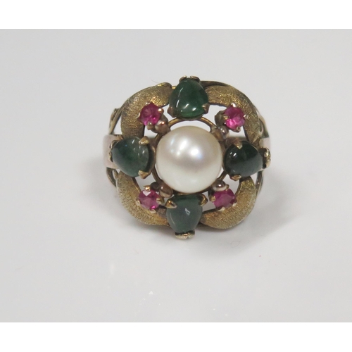 111 - A Cultured Pearl, Jadeite and Ruby Ring in an unmarked gold setting, 18mm dead, size J.5, 4.2g