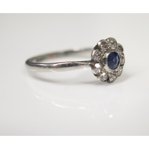 66 - A Platinum Ten Stone Sapphire and Diamond Cluster Ring, the single 3.5mm sapphire in a millegrain se... 