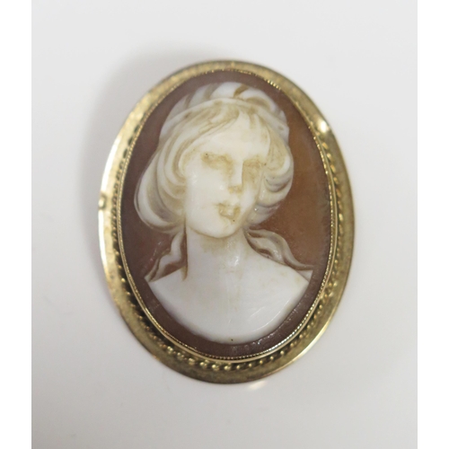 67 - A 9ct Gold Mounted Shell Cameo Brooch decorated with a female's bust, 35x28mm, 6.8g gross