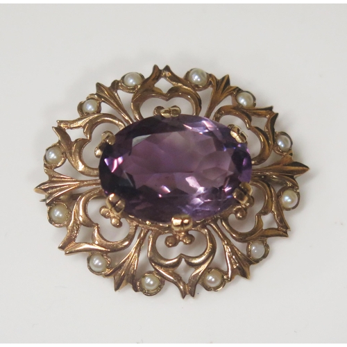 77 - A 9ct Gold, Amethyst and Half Seed Pearl Brooch, 33x29mm, 7.2g