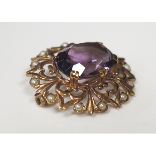 77 - A 9ct Gold, Amethyst and Half Seed Pearl Brooch, 33x29mm, 7.2g