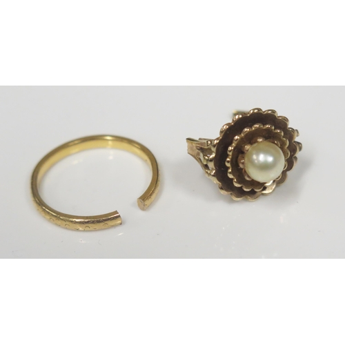 78 - A Cut 22ct Gold Wedding band (3.4g) and damaged 9ct gold  and pearl dress ring, 5.4g