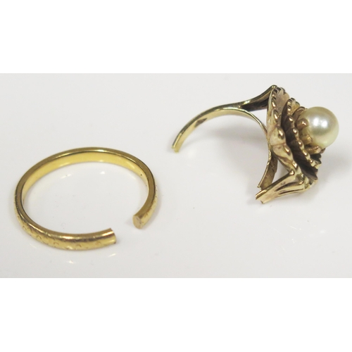 78 - A Cut 22ct Gold Wedding band (3.4g) and damaged 9ct gold  and pearl dress ring, 5.4g
