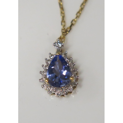 85 - An 18ct Yellow Gold, Tanzanite and Diamond Pear Shaped Pendant, 12mm drop and on a silver gilt neckl... 