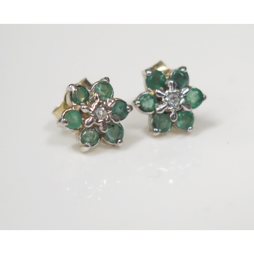 91 - A Pair of 9ct Gold Emerald and Diamond Cluster Stud Earrings, 8.5mm head, 1.4g