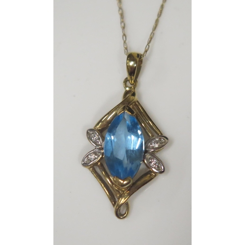 93 - A 9ct Yellow Gold, Blue Topaz and Diamond Pendant (c. 26mm drop) and on 9ct chain, 1.9g