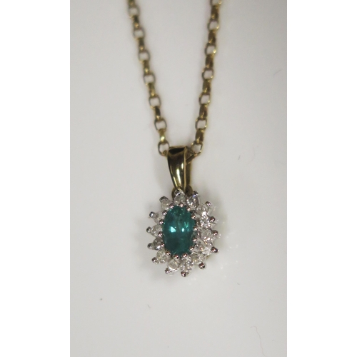 97 - A 9ct Yellow Gold, Emerald and Diamond Cluster Pendant Necklace, 16mm drop, 2.8g