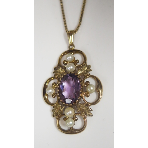 99 - A Large 9ct Gold, Amethyst and Cultured Pearl Pendant, 48mm drop and on a 9ct 16