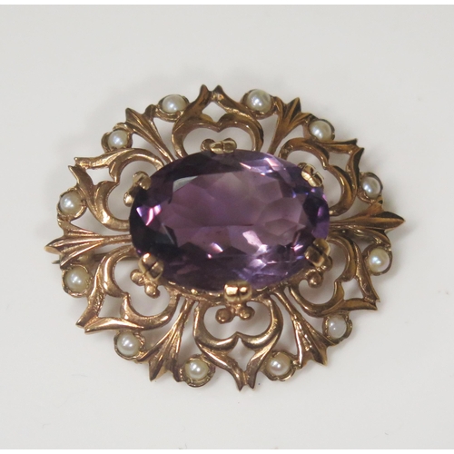 1908 - A 9ct Gold, Amethyst and Half Seed Pearl Brooch, 33x29mm, 7.2g
