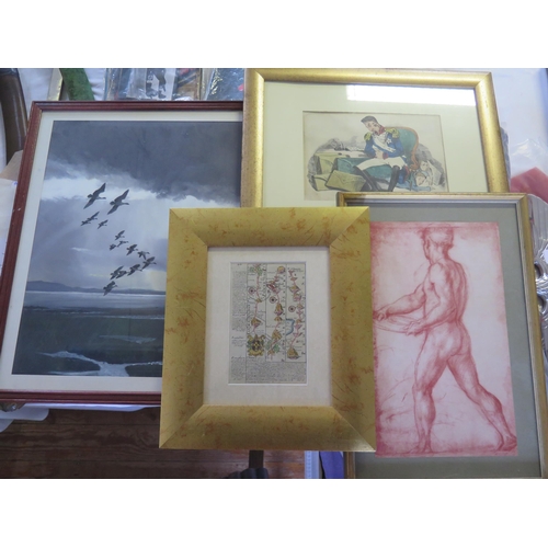 109 - Owen & Bowen Hand Tinted Map, caricature, original painting of flying ducks and one other