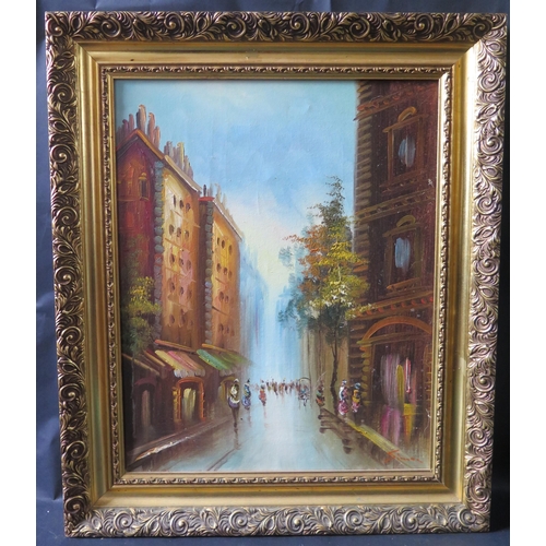 110 - Continental Street scene, oil on canvas, 50x40cm, framed