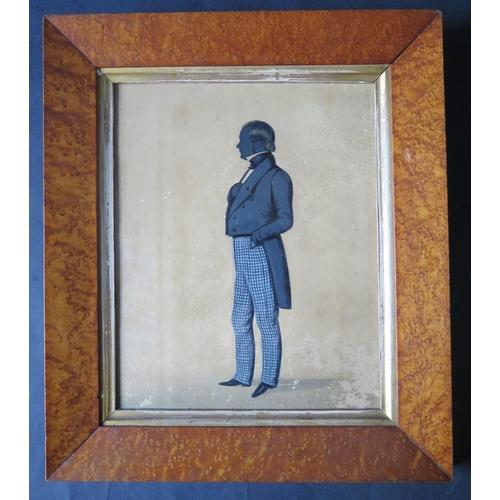 118 - A 19th Century Full Length Portrait Silhouette of a Gentleman, 25.5x20.5cm, birds eye maple glazed f... 