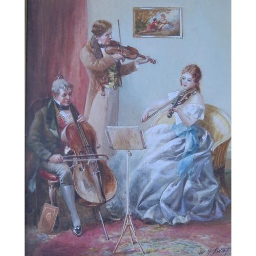 119 - W.H. Sweet, three musicians, watercolour, 23x18cm, framed and glazed and unsigned harpist