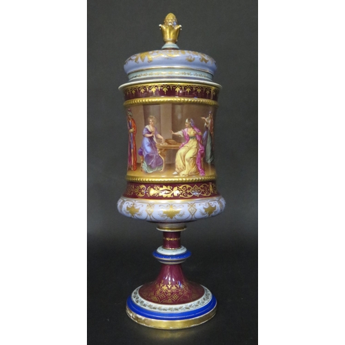 152 - A Vienna Porcelain Vase with Cover decorated with a continuous figural frieze showing a lady with sw... 