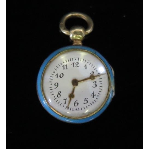 1527 - A 19th Century French 18ct Gold and Enamel Miniature Faux Watch Fob, 11.5mm diam., 1.3g