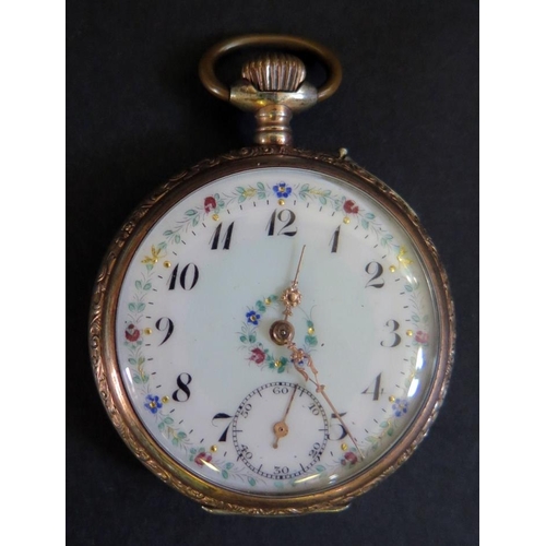 1650 - A Pretty .800 Silver and Gilt Keyless Fob Watch with a pretty floral enamel dial with green tint to ... 