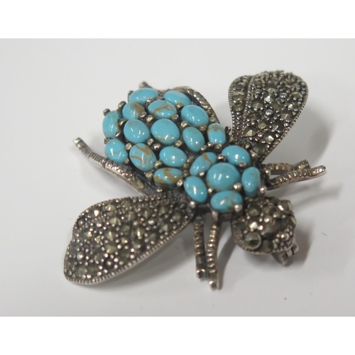 1666 - A Sterling Silver, Turquoise and Marcasite Set Bug Brooch, 48mm wing span, 11.7g