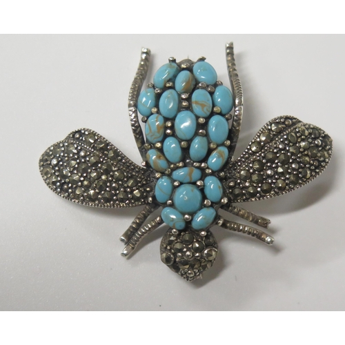 1666 - A Sterling Silver, Turquoise and Marcasite Set Bug Brooch, 48mm wing span, 11.7g