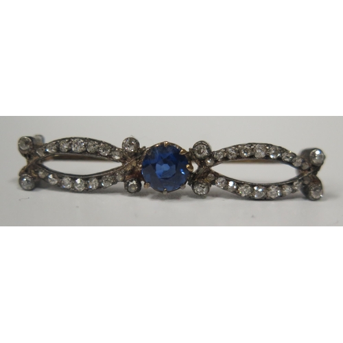 1677 - A Victorian  Mappin & Webb Cased Sapphire and Diamond Brooch, 5.7mm central stone, 38mm long, 3.4g