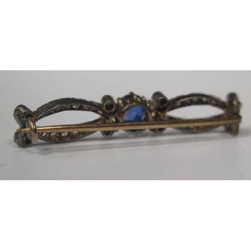 1677 - A Victorian  Mappin & Webb Cased Sapphire and Diamond Brooch, 5.7mm central stone, 38mm long, 3.4g