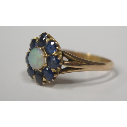 1680 - An Antique Opal and Sapphire Cluster Ring in an unmarked yellow gold setting, size P.5, 3.3g