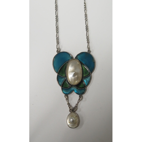 1681 - An Arts and Crafts Silver, Enamel and Blister Pearl Set Pendant Necklace, 64mm drop, 18