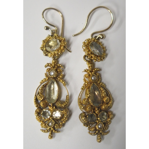 1682 - A Pair of Antique Gold Filigree Pendant Earrings set with pearls and foil backed paste, c. 54mm drop... 