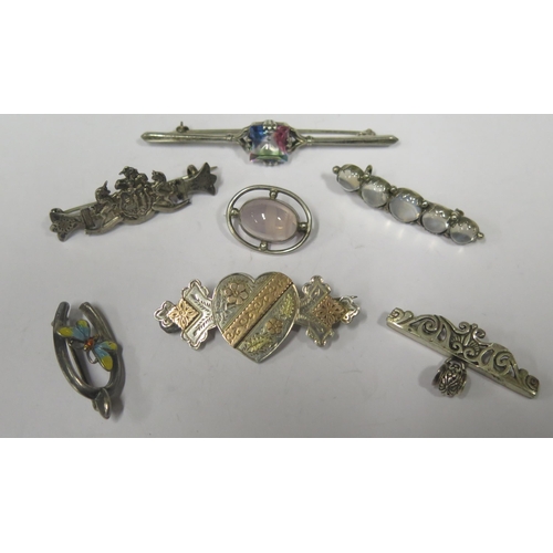 1687 - A Selection of Silver Brooches including moonstone, pink quartz, etc.