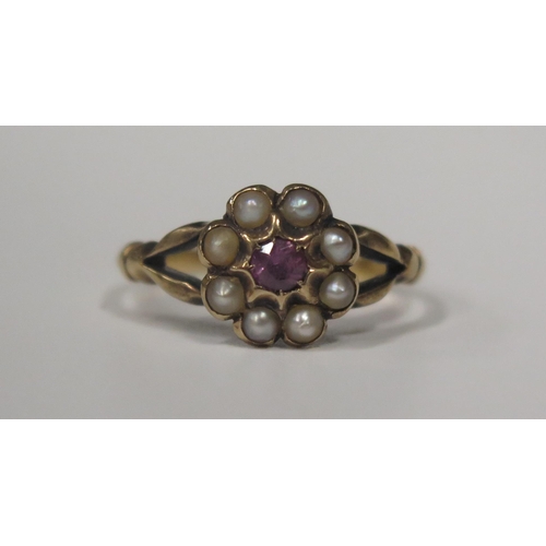 1688 - A Victorian 18ct Yellow Gold, Pearl and Ruby Cluster Ring, 10mm head, size P, 2.5g