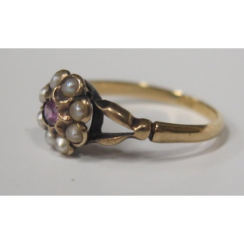 1688 - A Victorian 18ct Yellow Gold, Pearl and Ruby Cluster Ring, 10mm head, size P, 2.5g