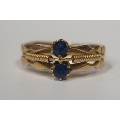 1689 - An Unmarked Gold Ring set with two blue stones, size M, 3g