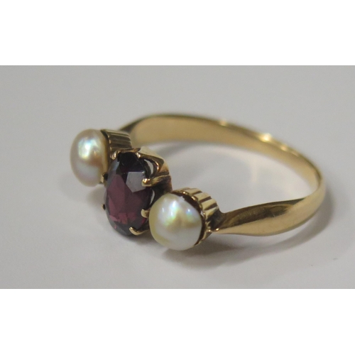 1694 - An Antique Ruby and Pearl Three Stone Ring, sizeK.5, 2.6g