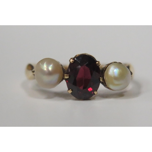 1694 - An Antique Ruby and Pearl Three Stone Ring, sizeK.5, 2.6g