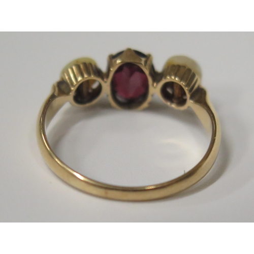 1694 - An Antique Ruby and Pearl Three Stone Ring, sizeK.5, 2.6g