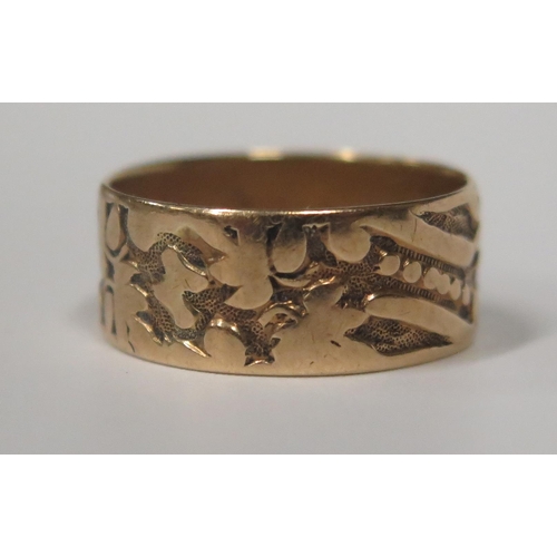 1696 - An Antique Unmarked Yellow Gold Decorative Wedding Band, 8mm wide, size P, 3.2g