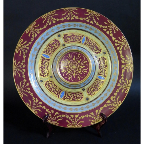 170 - A Vienna Porcelain Shallow Dish with burgundy, blue and yellow bands having extensive gilt foliate h... 