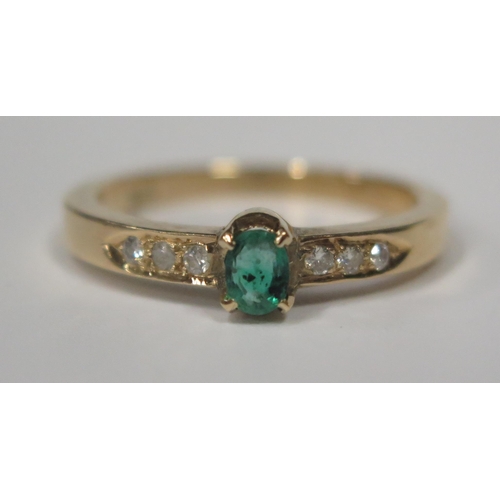 1706 - A 14K Yellow Gold, Emerald and Diamond ring, emerald 4x3mm, size M, 2.8g