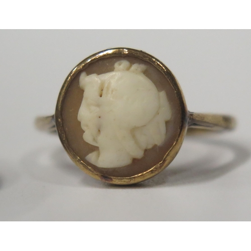 1710 - A 9ct Gold Shell Cameo Ring decorated with female bust (size L.5, 2.6g) and a cameo pin