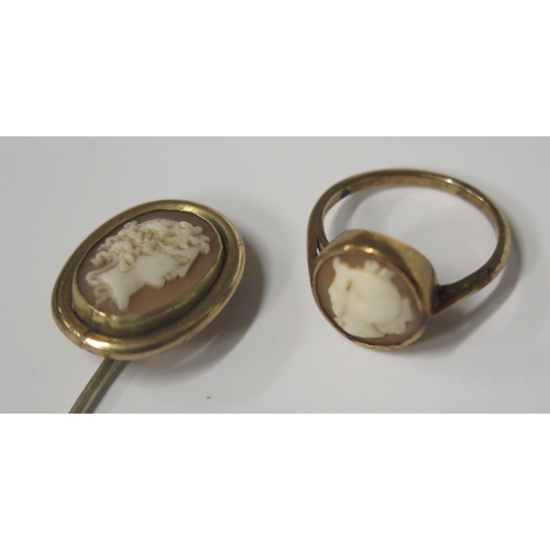 1710 - A 9ct Gold Shell Cameo Ring decorated with female bust (size L.5, 2.6g) and a cameo pin