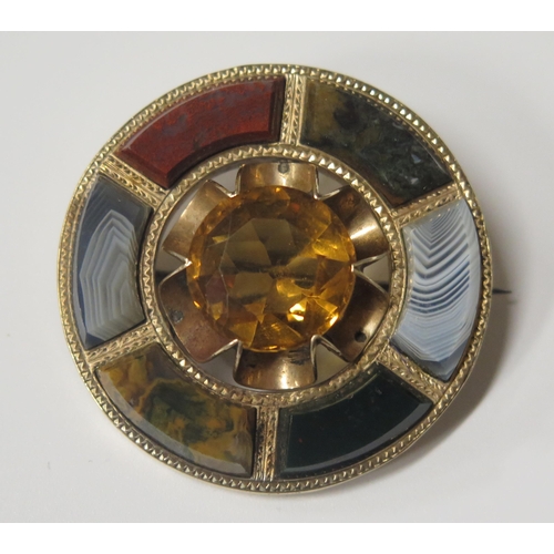 1718 - A Scottish Unmarked Gold, Citrine and Specimen Agate Brooch, 38mm diam., 16.8g