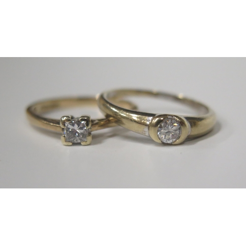 1725 - Two 9ct Gold and Diamond Solitaire Rings, .2ct rub over size L.5 2g and .3ct square cut size L.5 2g