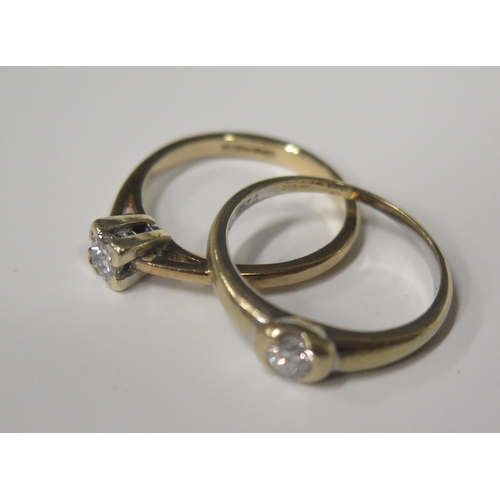 1725 - Two 9ct Gold and Diamond Solitaire Rings, .2ct rub over size L.5 2g and .3ct square cut size L.5 2g