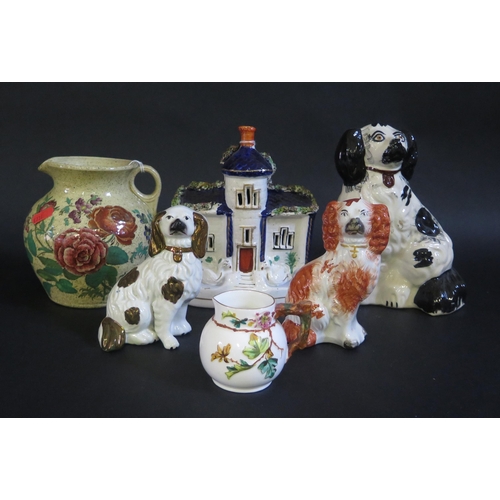 179 - 19th Century Staffordshire Spaniels (tallest 20cm) and jug