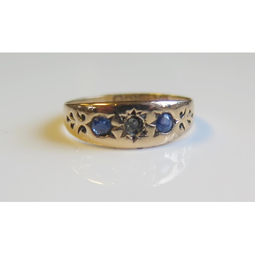 1798 - A Victorian 15ct Gold, Sapphire and Diamond Three Stone Gypsy Ring, Birmingham 1894, size N, 1.5g